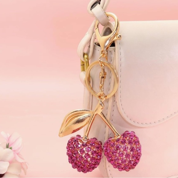 Pink rhinestone cherry and gold bag charm for your coach purse accessories - Picture 2 of 2